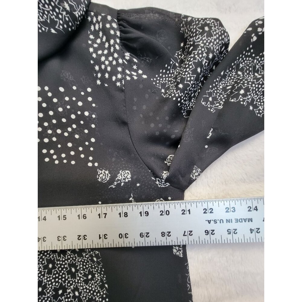 Vintage Judy Knapp Patchwork Print Sheer Button-Up Blouse Ruffle Collar Black - Picture 5 of 6